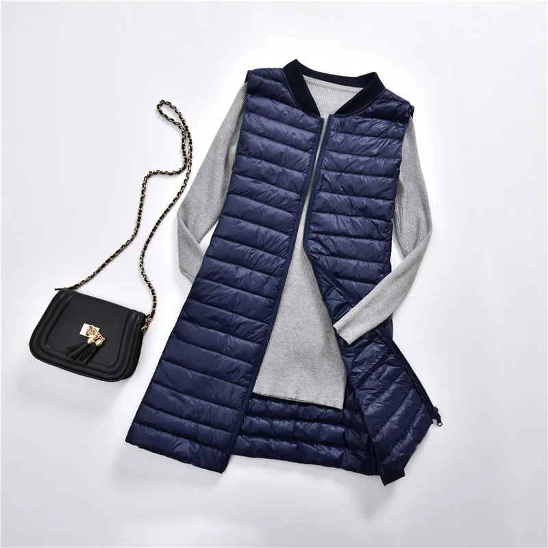 Women Duck Down Long Vest Ultra Light Portable Slim Waistcoat Female Stand Collar Sleeveless Down Jacket