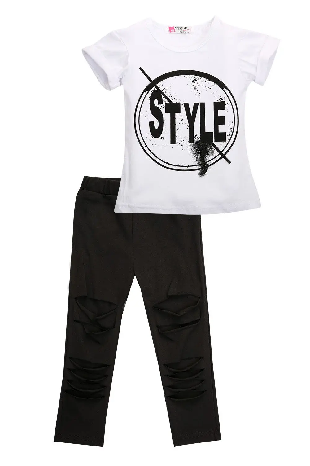 Cute Toddler Kids Girls T-shirt Short Sleeve White Tops Pants Hole Leggings 2Pcs Outfits Casual Clothes Set |