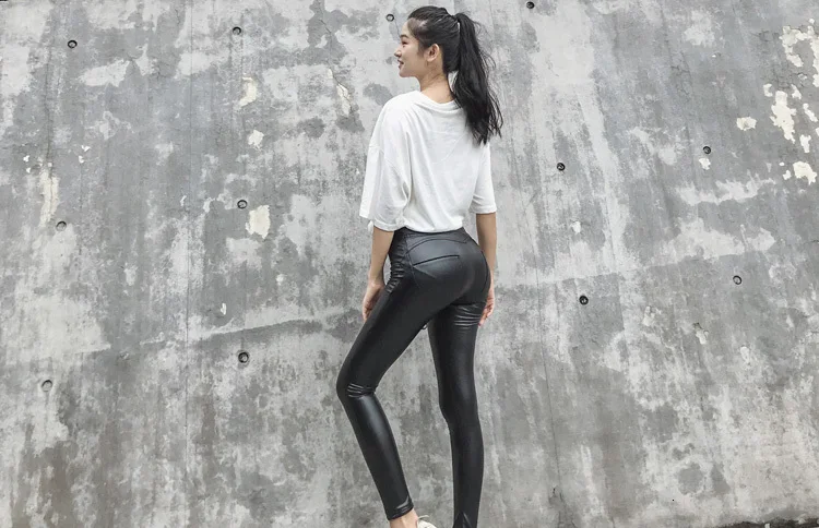 LIBERJOG Women Stretch Skinny Lift Hip PU Leather Pants Black Pencil Pants High Waist Plus Size Female Honey Peach Pants