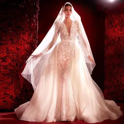Sevintage Luxury Mermaid Wedding Dresses Lace Appliques Long Sleeves V-Neck Wedding Gown with Detachable Train Bridal Dress