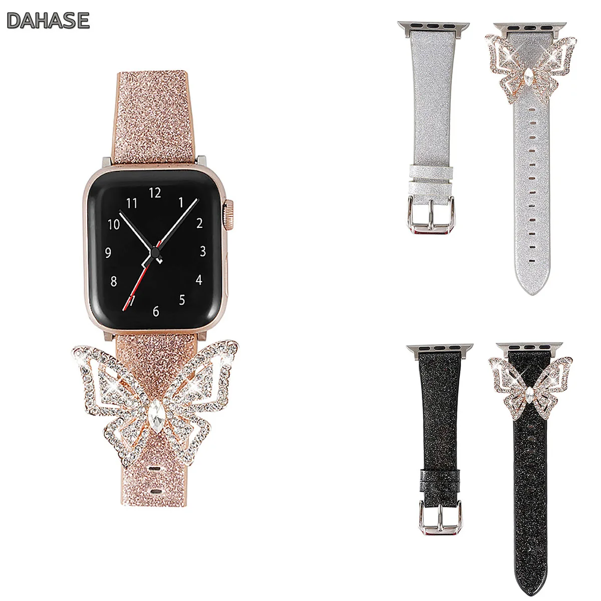 Glitter Butterfly Leather Strap For Apple Watch Band Series 1 2 3 4 5 6 SE Diamond Bracelet For 38 40 42 44mm iWatch Wristband