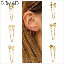 Серьги ROMAD из стерлингового серебра 925 пробы для женщин, серьги со звездой, луной, цирконием, серьги для девочек, серьги с ушками, Золотая цепочка, серьга в форме розы R5