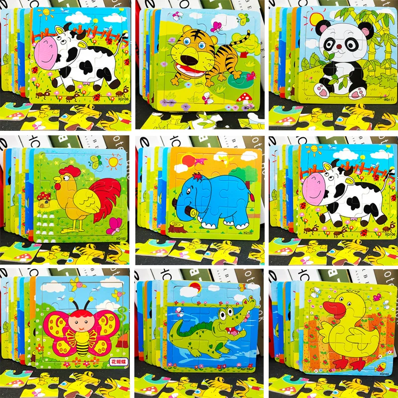 9 Pieces Kids Puzzle Toy Animals and Vehicle Wooden Puzzles Jigsaw Baby Educational Learning Toys for Children Gift