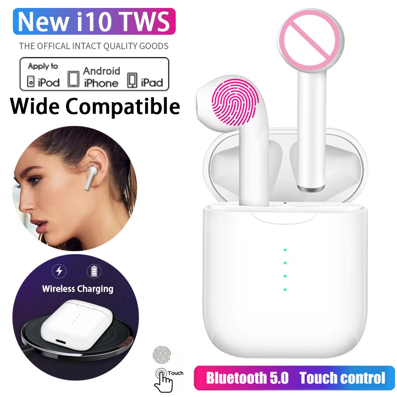 Оригинальные i10 TWS, беспроводные наушники, Bluetooth 5,0, наушники с сенсорным управлением, Тип C, Беспроводная зарядка, HiFi Музыка