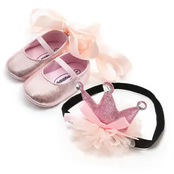 

Cute Baby Girls 0-12M Shoes soft bottom Prewalkers with tie + Crown Lace Headband 2PC Set