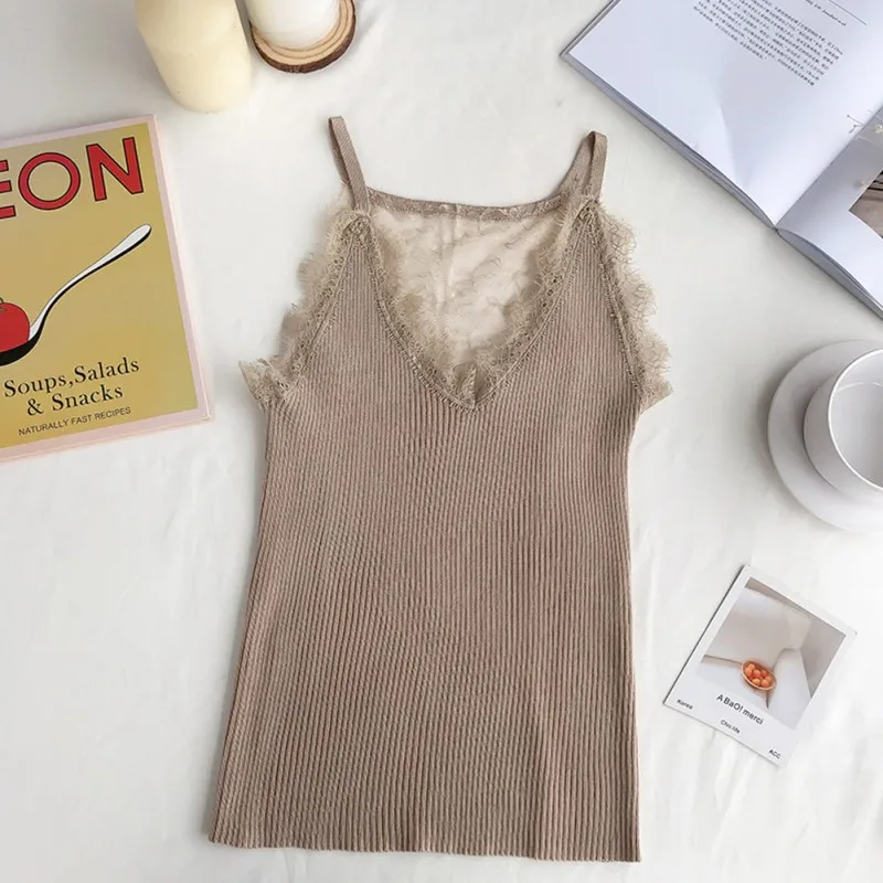 Летняя женская универсальная кружевная Милая трикотажная летняя тонкий с открытыми плечами одноцветная Сексуальная майка с v-образным воротником - Цвет: Хаки