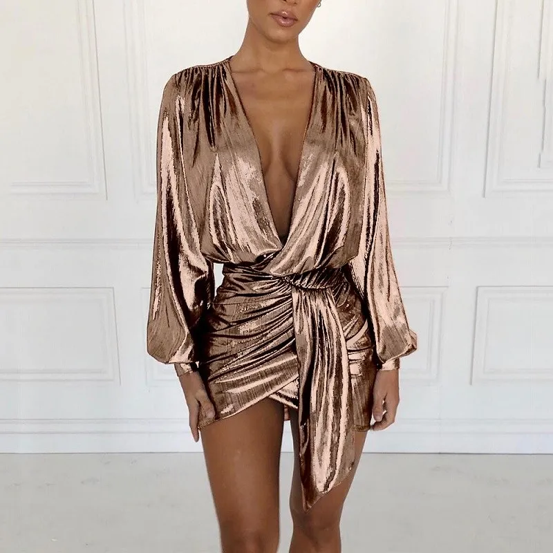

Metallic Plunge Party Dress Women Sexy Deep V Neck Dresses Mini Bodycon Irregular Short Mini Club Dress