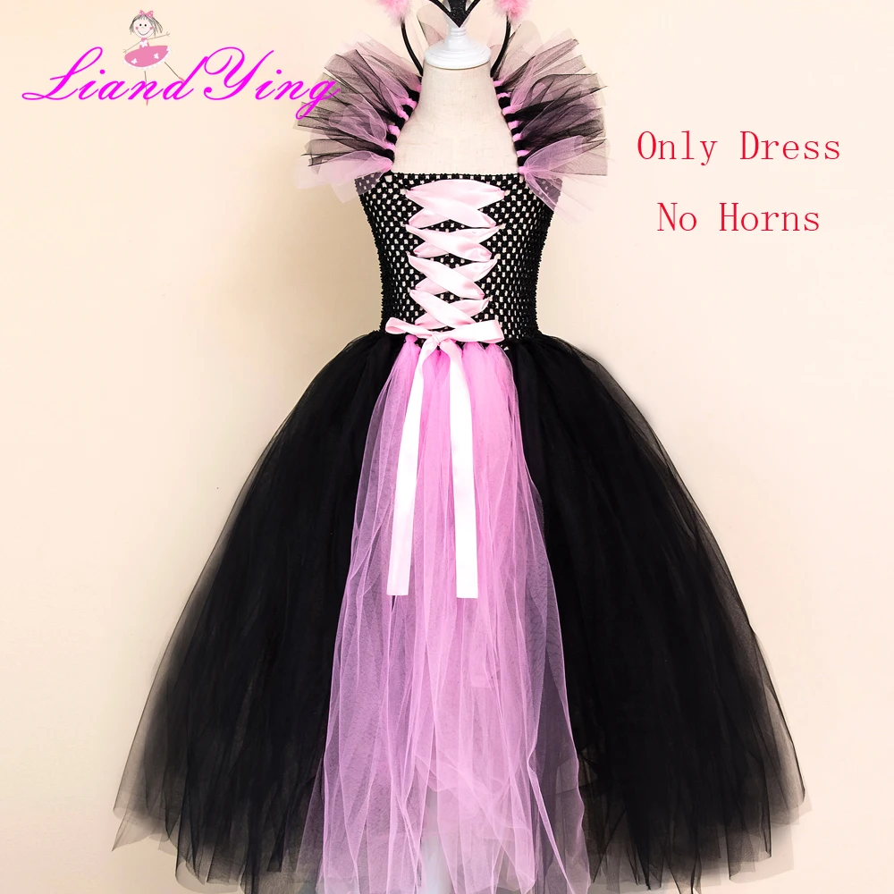 Only dress no horn Maleficent/платье-пачка «злая королева» для девочек с рогами, костюм ведьмы для косплея для девочек, детское праздничное платье, детская одежда - Цвет: Only dress no horn
