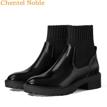 

Chentel Handmade Women Sock Boots Stretch Fabric Flat Casual Shoes Patent Leather Matching Slip-On Chelsea Booties Black Color