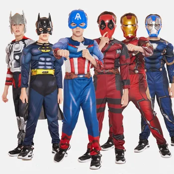 

The Avengers Kids Superhero spiderman/Captain/America/Iron man/panther/Thor Cosplay Costume Muscles Jumpsuits Halloween Costume