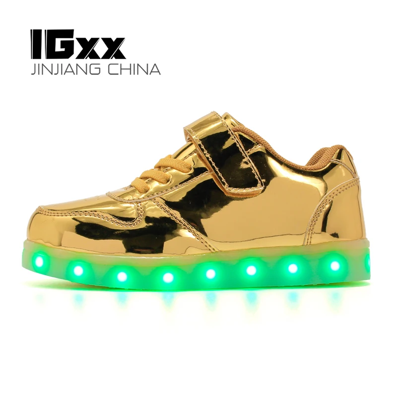 IGxx LED Light Up Shoes LED For Kids Hook&Loop USB Charging Glowing LED Girls Shoes Child Luminous Sneaker PU Toddler Gold