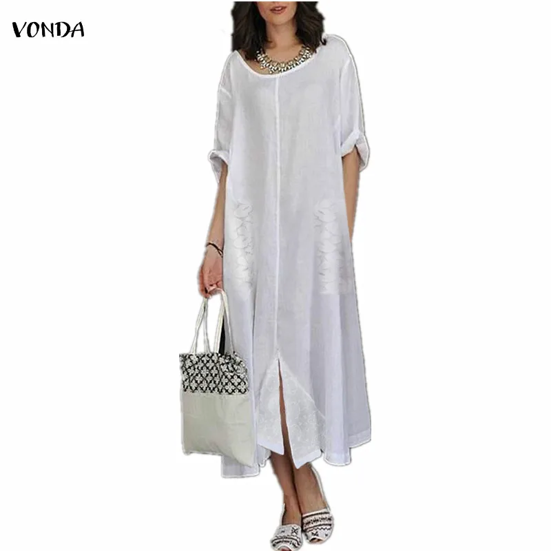Платье для беременных,, VONDA, сексуальный длинный макси, платья для вечеринок, винтажное однотонное платье с разрезом на подоле, сарафан, свободное платье с круглым вырезом и коротким рукавом, Vestidos