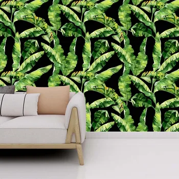 

Tropical Plants Leaf Wall Stickers Black Background Modern Art Vinyl Decal Home Decor for Bedroom Living Room Mural Wallpaper