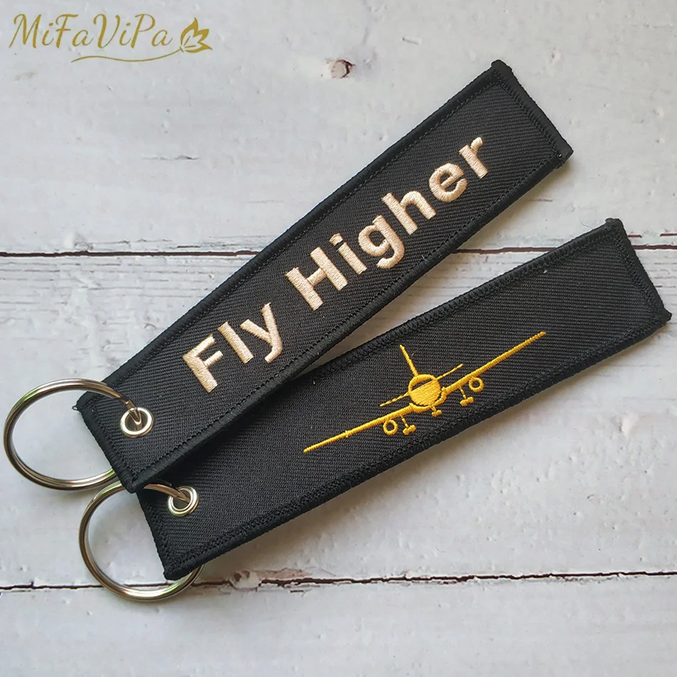 

MiFaViPa 2 PC Golden Plane Keychain Fashion Trinket Black Embroidery Fly Higher Key Chain for Pilot Aviation Christmas Gift