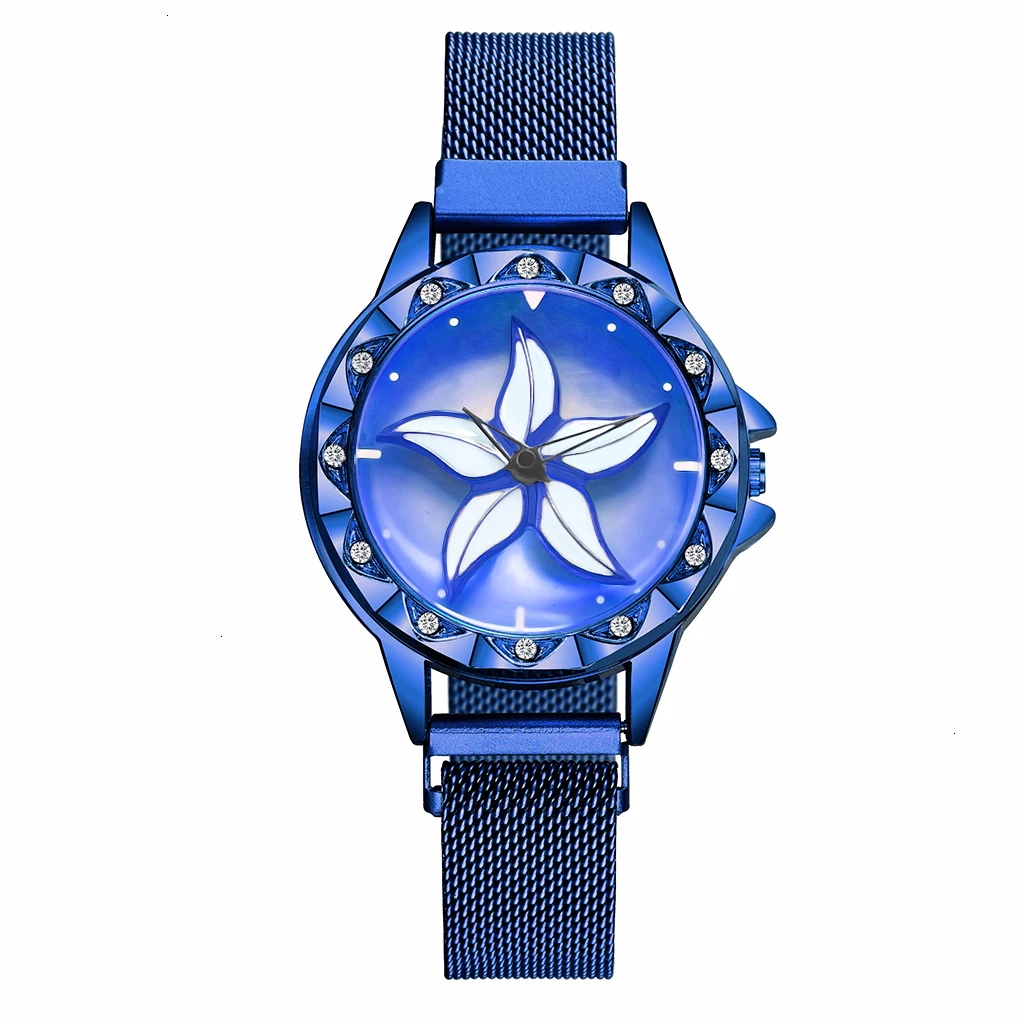 Лидер продаж, женские часы с магнитной пряжкой, вращающиеся в виде цветка, роскошные женские кварцевые часы из нержавеющей стали, часы Relogio Feminino - Цвет: blue