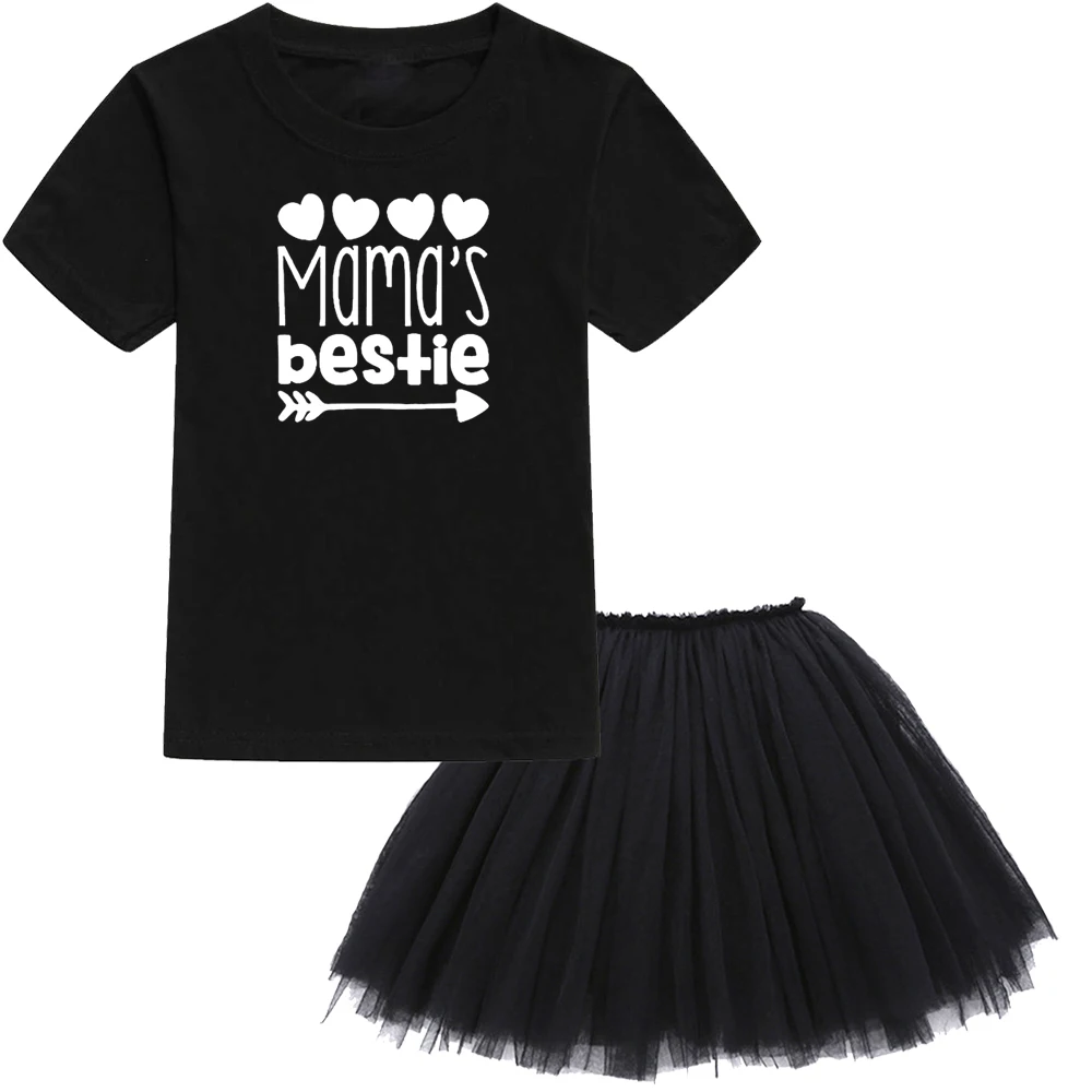 Футболки с принтом Mama's Bestie, 8 цветов, топы+ черная юбка-пачка в сеточку, модные комплекты из 2 предметов для девочек, одежда с коротким рукавом для маленьких девочек