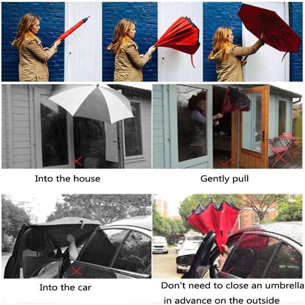 Ветрозащитный C ручкой обратный складной зонтик для мужчин и женщин, защита от солнца, дождя, автомобиля, перевернутые зонтики, двойной слой, анти-УФ, самостоятельная подставка Parapluie