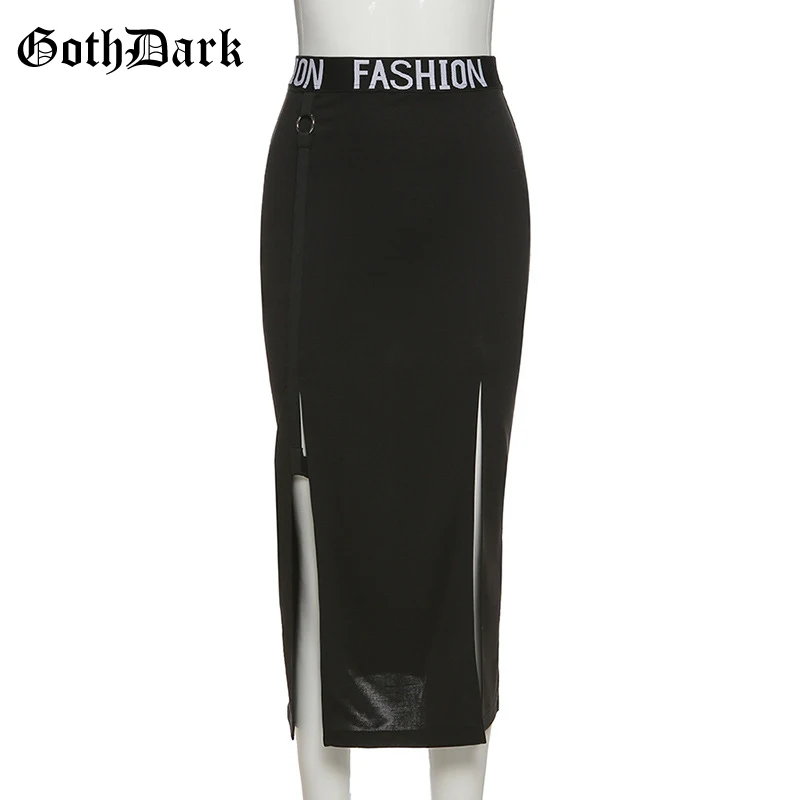 Goth Dark Gothic High Waist Black Midi Dress Y2k Grunge Patchwork Elastic Slit Hem A-line Midi Skirts Women Autumn Streetwear