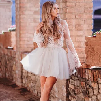 

Eightree Sweet Ball Gown Lace Top Short Wedding Dress Boho vestido de noiva Long Sleeves Charming Robe de mariee Wedding Gowns