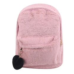 Winter Soft Women Large Cute Solid Faux Fur Backpack Heart Pendant Winter Soft Women's Big Plush Backpack Pink Black White