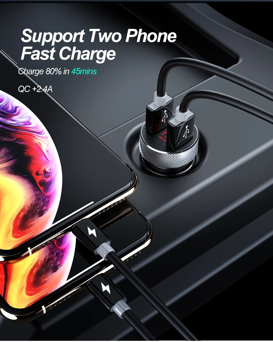 Автомобильное зарядное устройство ROCK QC 3,0 Быстрая зарядка двойной USB металлический цифровой светодиодный дисплей для iPhone 11 X Xiaomi samsung huawei P30 Быстрая зарядка