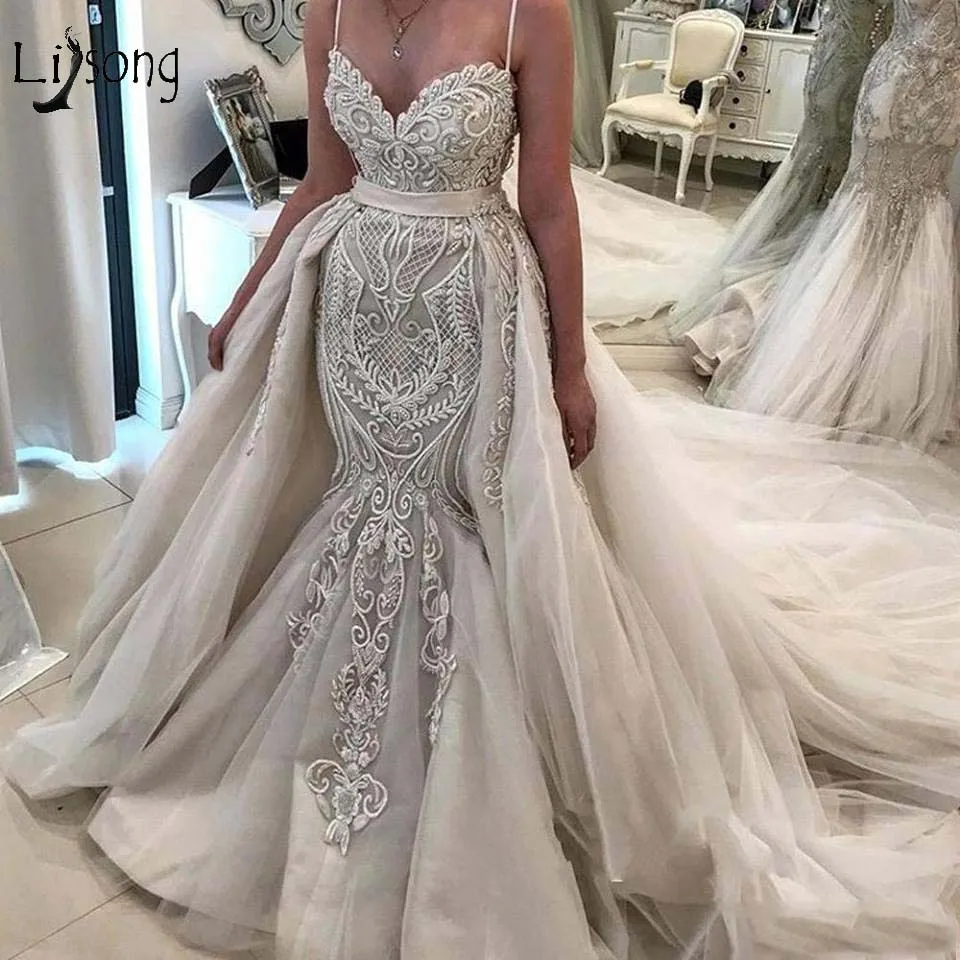 Vintage Lace Mermaid Wedding Dresses With Detachable Train 2020 Bridal Gowns Lace Up Custom Made Robe De Mariee