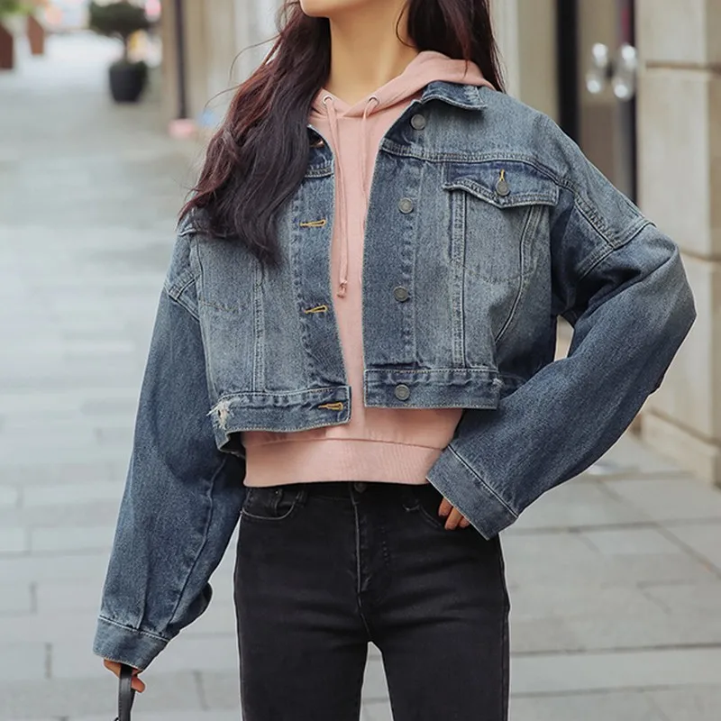 

Black Blue Female Jacket Boyfriend Denim Jacket Woman Autumn Oversized Crop Jeans Jacket Women Vintage Casual Loose Coat Women