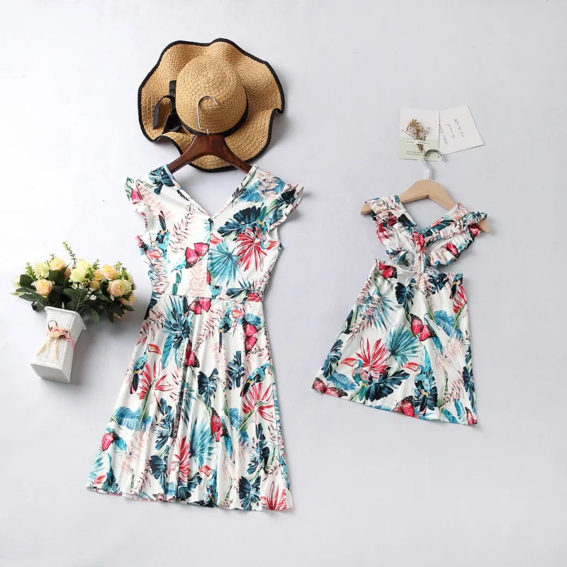 

Family Matching Spring And Summer Outfits Mother And Daughter Ruffles Sleeveless Skirt Flower Printed Dress Color 1207-8T