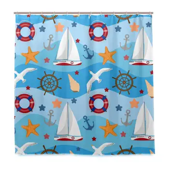 

Decoration Shower Curtain Shower Nautical Seamless Pattern Marine Elements Cartoon Bath Curtains Waterproof Fabric Bathroom
