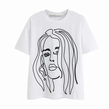 

2020 women's fashion Round neck Tee emborderied face figure Short sleeve T-shirt with a round neckline