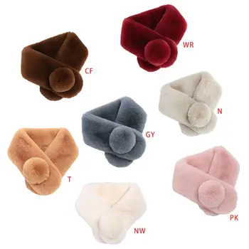 

73x11cm Women Girls Fluffy Plush Solid Cross Collar Scarf Winter Cute Rabbit Tail Pompom Ball Loophole Wrap Around Neck Warmer