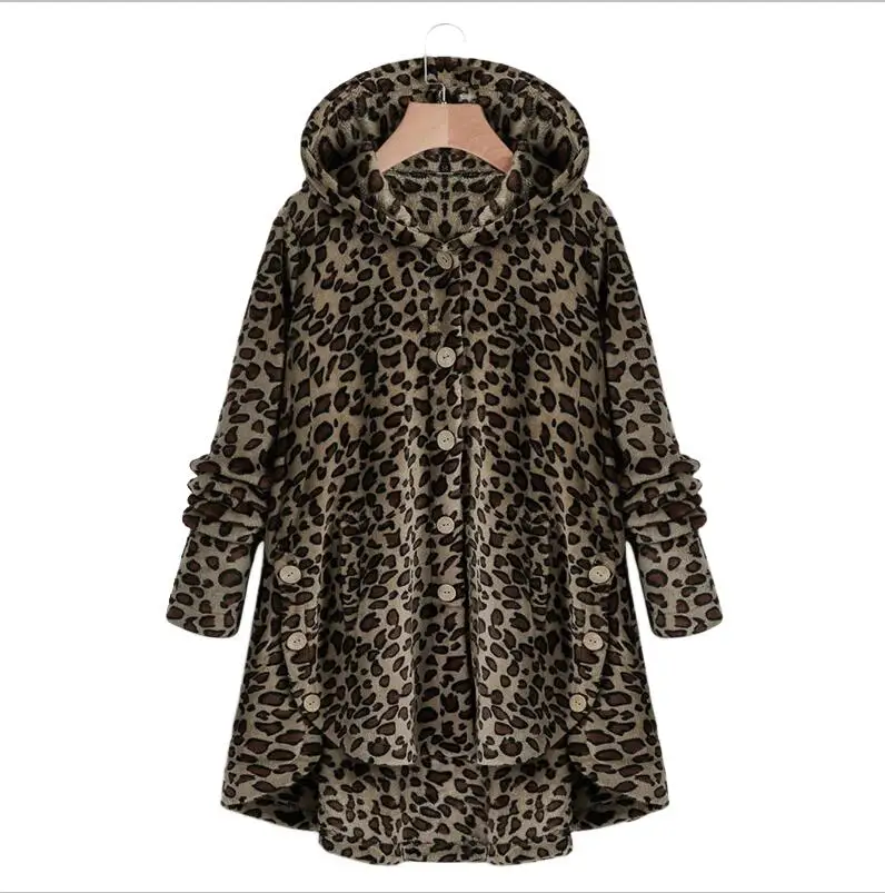 dark leopard Женское пушистое пальто зимнее повседневное свободное однотонное флисовое пальто с капюшоном и плюшевым мишкой женское милое теплое пальто мягкого размера плюс зимняя верхняя одежда - Цвет: dark leopard