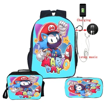 

Cute Sonic Mario Backpack with shoulder Bag Pen Bag 3pcs/Set Cartoon Primary School Bag Teen Bookbag Student Back to School Gift