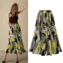 Большие размеры 2XL 3XL Повседневная летняя шифоновая плиссированная юбка трапециевидной формы с принтом Средний теленок А-силуэта черный желтый Новое поступление Мода