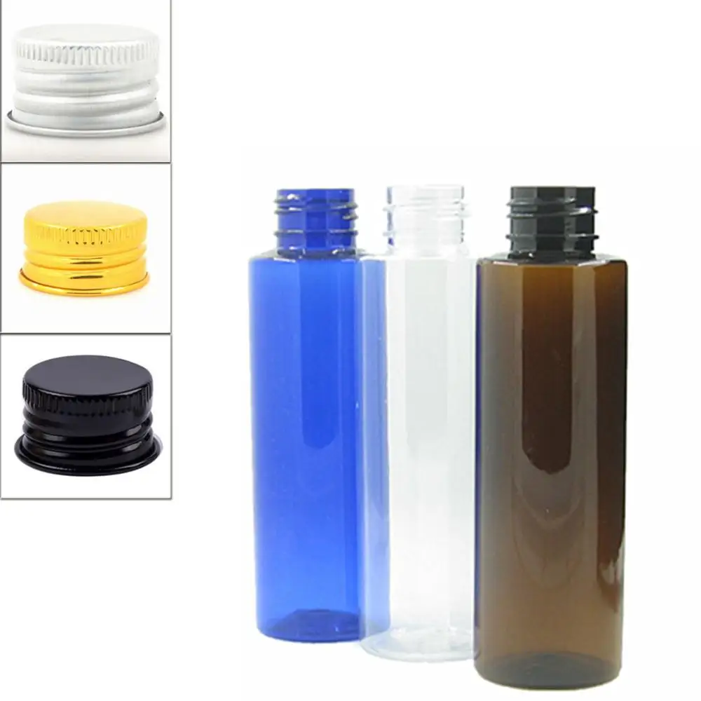 30ml 100ml empty clear/blue/amber Cylinder Plastic Bottles  pet bottle with silver/gold aluminum caps