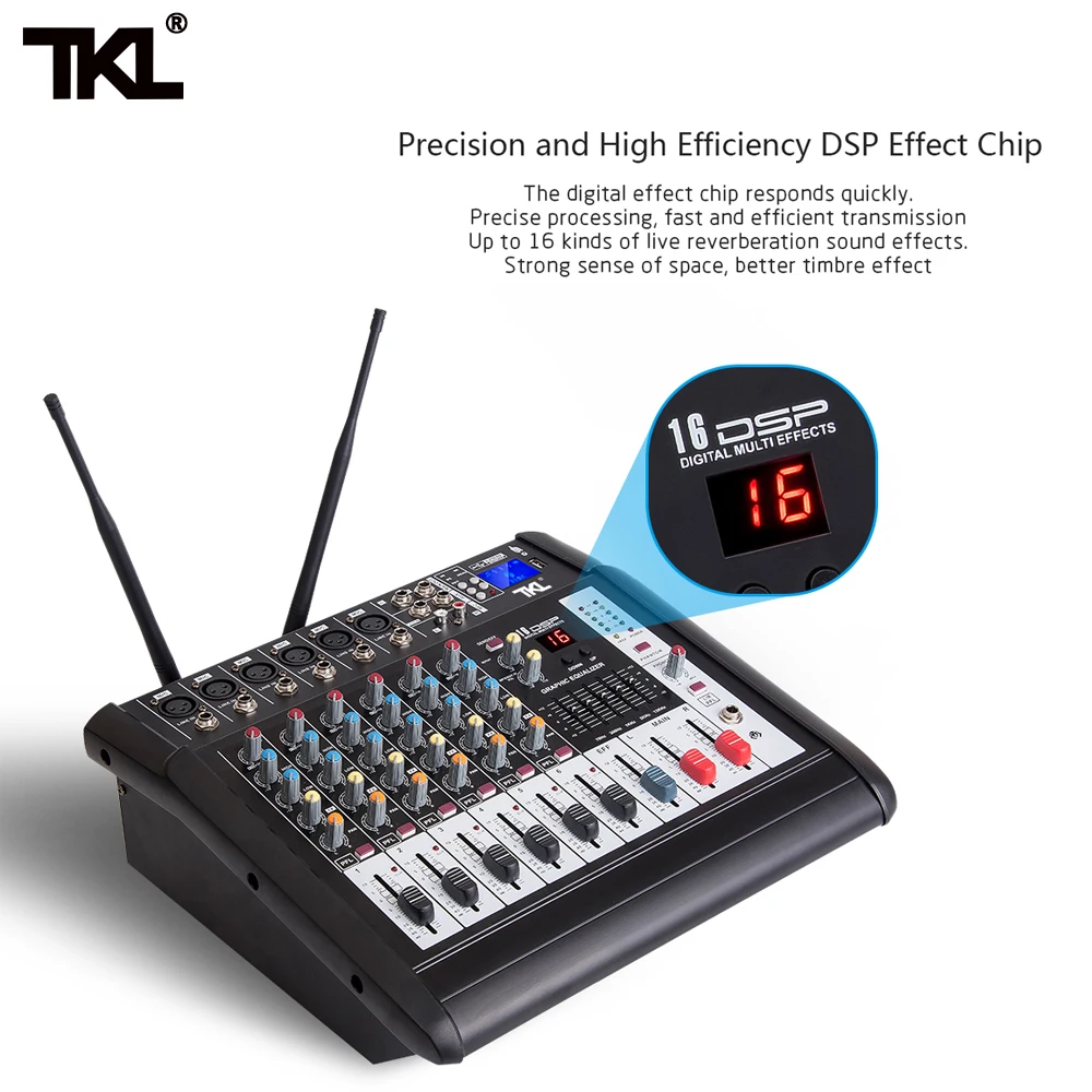 US $189.05 TKL 6 Channel Audio Mixer 300W2 Power Amplifier USB Sound Mixing With Wierless Micophone Bluetooth Mp3 Effector DJ Mixer