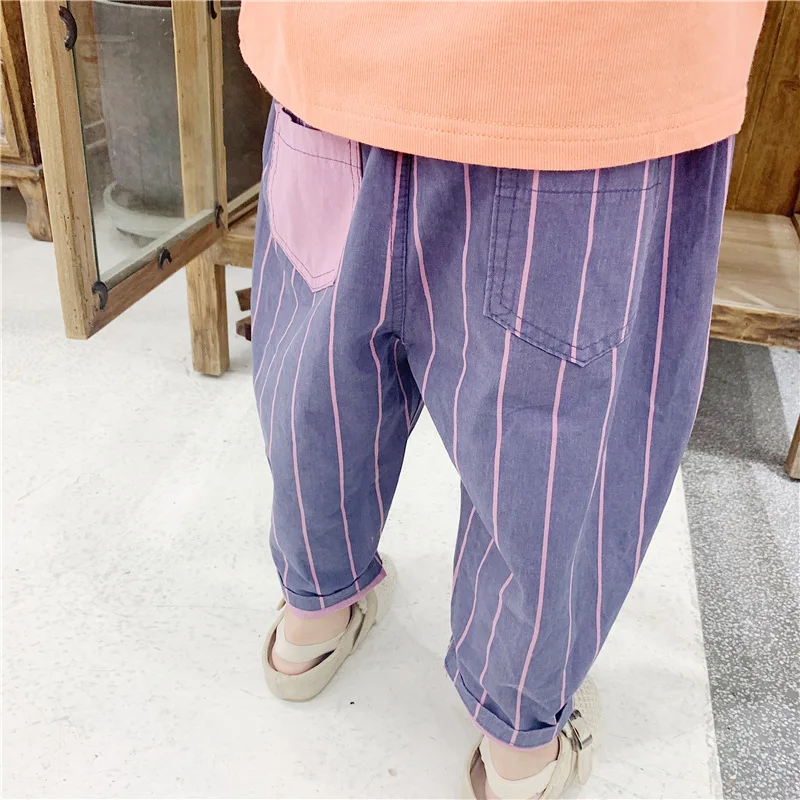 Штаны для девочек; Новинка года; сезон осень; детские свободные широкие брюки; штаны в полоску в Корейском стиле для девочек; детские цветные повседневные укороченные брюки для малышей