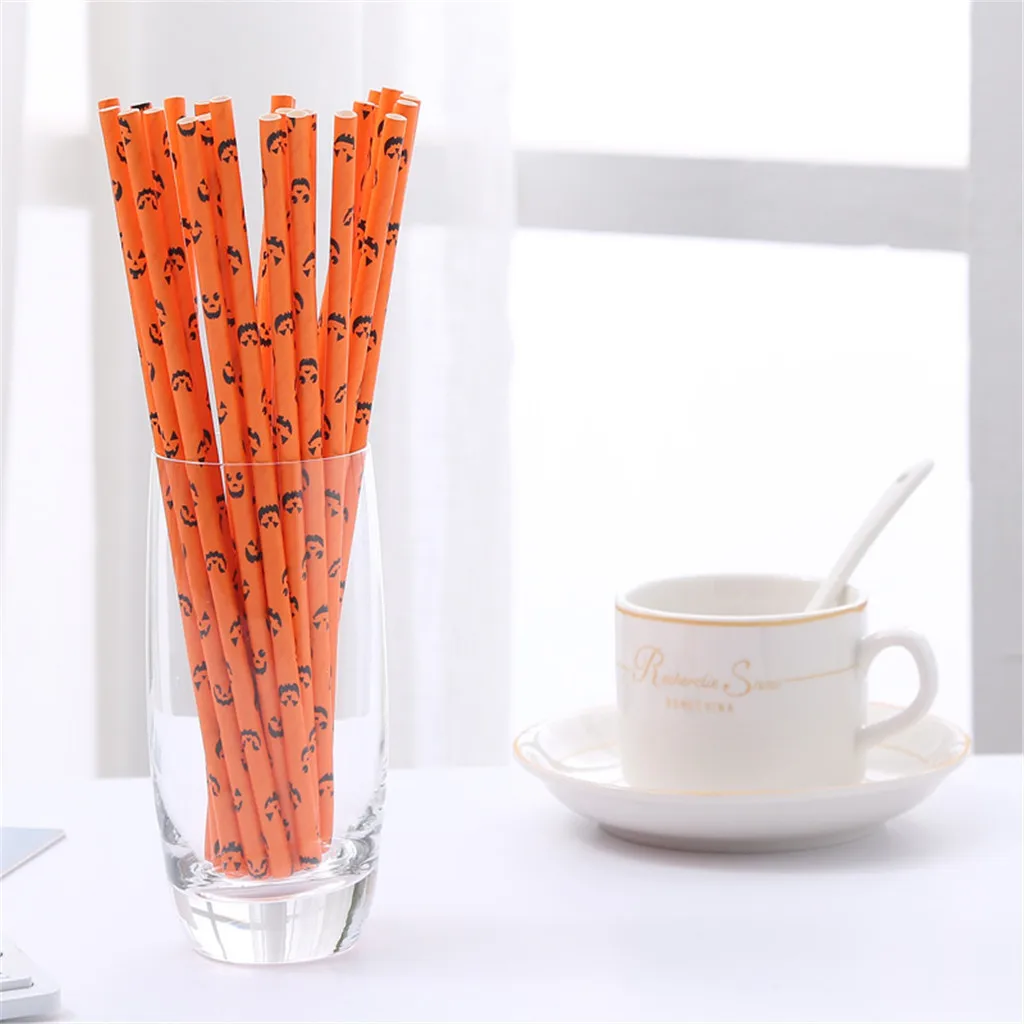 Halloween Black and Orange Paper Straws Home Party Halloween Props Decoration Pumpkin Bat Skeleton Pattern Disposable Straw