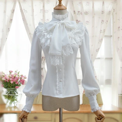 Весенне-осенняя Милая рубашка в стиле Лолиты, винтажная рубашка с кружевным бантом и стоячим рукавом-фонариком, приталенная рубашка в викторианском стиле, милый топ в стиле готической Лолиты для девочек - Цвет: Белый