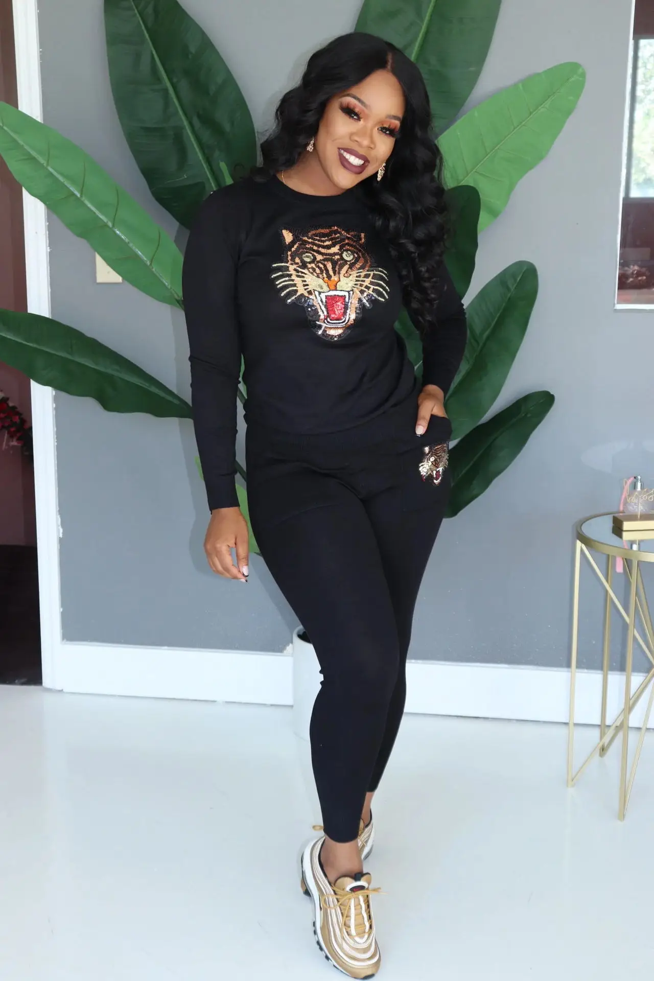 Tiger SEQUINS, Женский комплект из 2 предметов, спортивный костюм, Осенние костюмы, топ и штаны, комплект, повседневная одежда, женские уличные спортивные костюмы