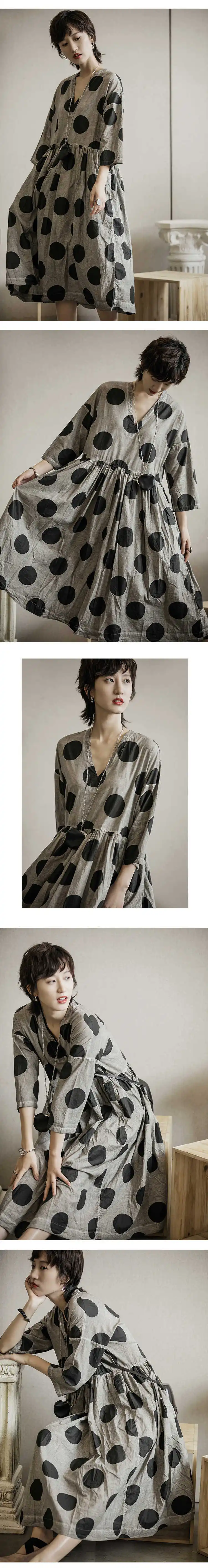 [EAM] Women Black Dot Print Pleated Big Size Dress New V-Neck Three-quarter Sleeve Loose Fit Fashion Spring Autumn 1A112