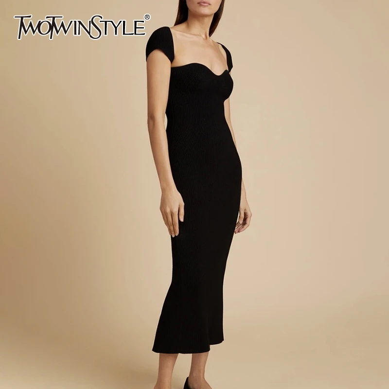 TWOTWINSTYLE Vntage Slim Knitting Women Dress Square Collar Short Sleeve High Waist Midi Dresses For Female Fashion 2020 Clothes TWOTWINSTYLE Vntage Slim Knitting Women Dress Square Collar Short Sleeve High Waist Midi Dresses For Female Fashion 2020 Clothes