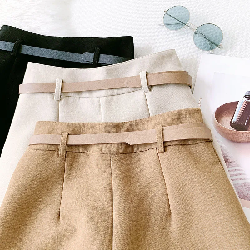 Wasteheart Autumn Black Khaki Polyester Shorts Women High Waist Shorts Camel Short Bottom Zipper Sashes England Style OL Formal