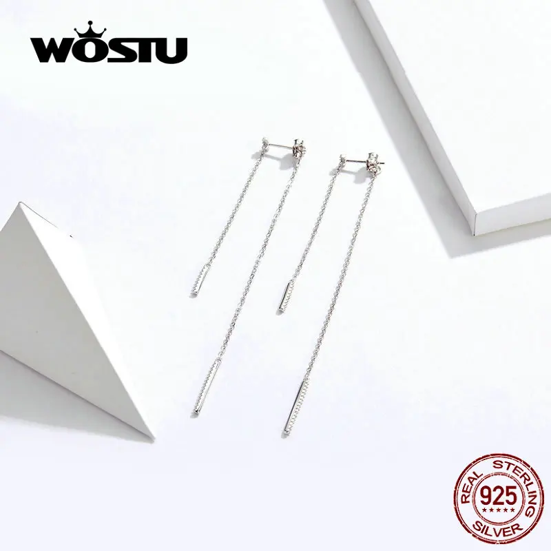 WOSTU подлинные 925 пробы серебряные серьги-подвески с кисточками, простые яркие серьги с фианитами для женщин, подарок для свадебной вечеринки BNE186