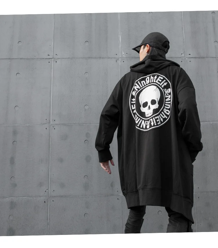 Men autumn winter thin skull print punk hip hop long hoodie zipper pullover man vintage gothic hooded jacket sweatshirts