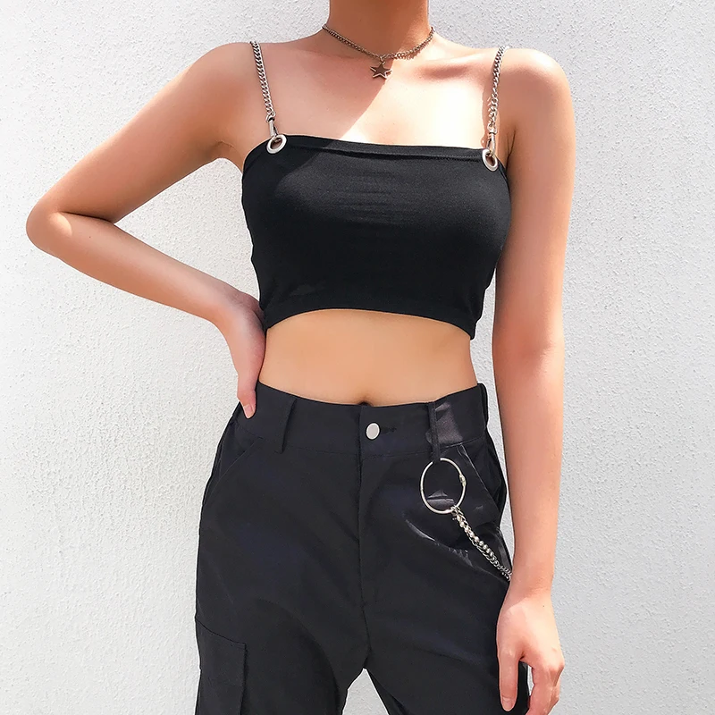 Heyoungirl Harajuku Black Chain Cami Tops Tees Basic Sleeveless Strappy Bustier Summer Top Punk Streetwear Spaghetti Strap Top