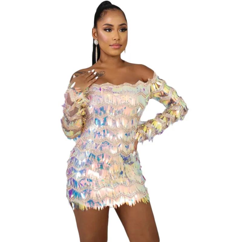 

Womens Designer Gradient Sequins Dress Sexy Womens Slash Neck Night Club Dresses Fashion Luxury Womens Party Dresses