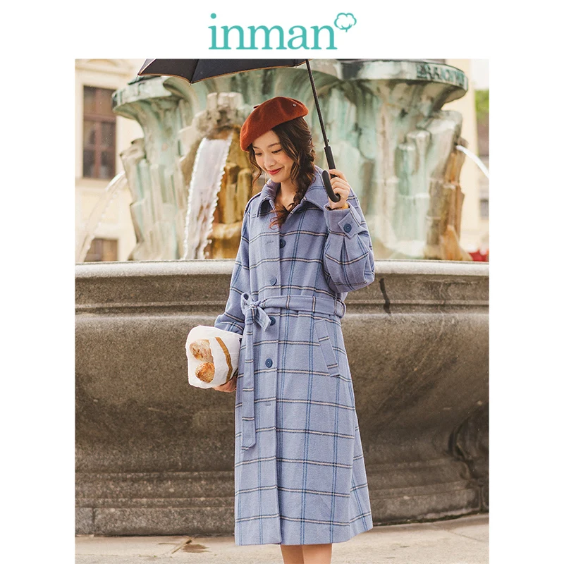 

INMAN 2019 Autumn New Arrival Sheep Wool Retro Plaid Turn Down Collar All Matched Women Long Woolen Coat