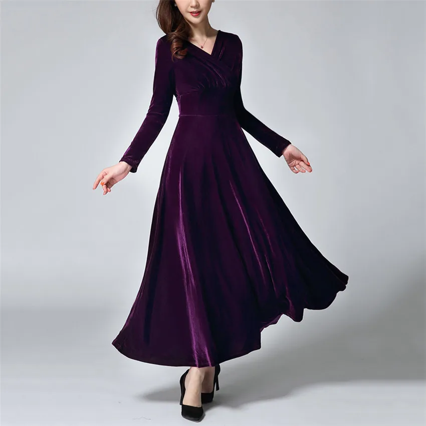 

Autumn Winter Vintage Women Long Sleeve Gold Velvet Dress Large Swing Dress Elegant French Lady Long Dresses Vestidos Retro 98
