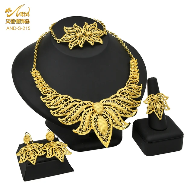 Indian Jewelry Set Wedding 24k Gold Color African Jewelry Dubai Bridal Sets Nigerian Necklace Bracelet Earring Gold Jewellery S-215-Gold